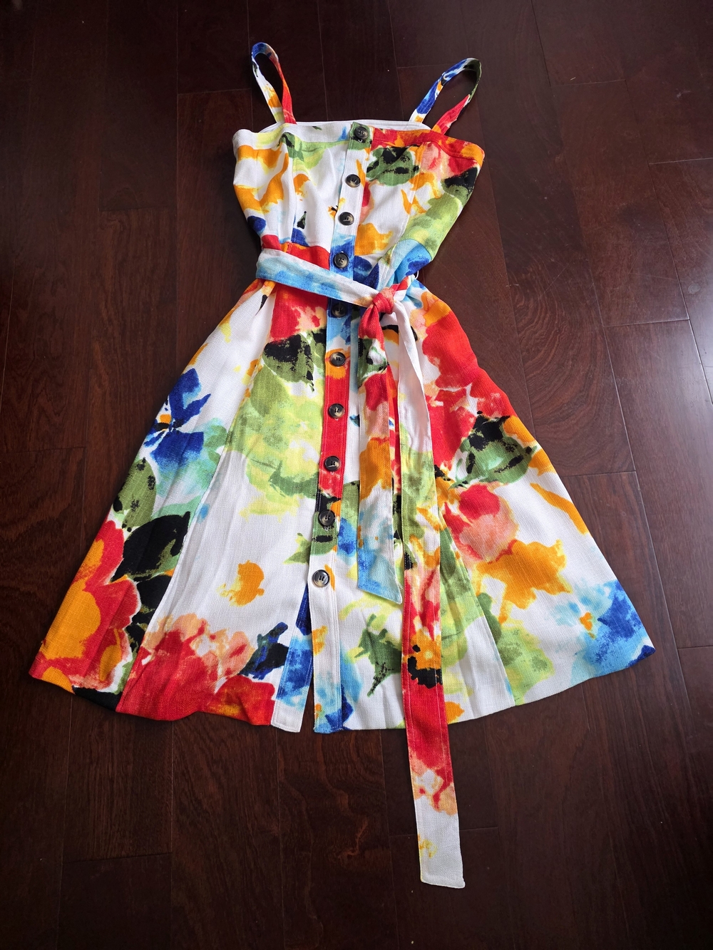 Multicolor Floral Button-Front Sundress with Tie Belt
